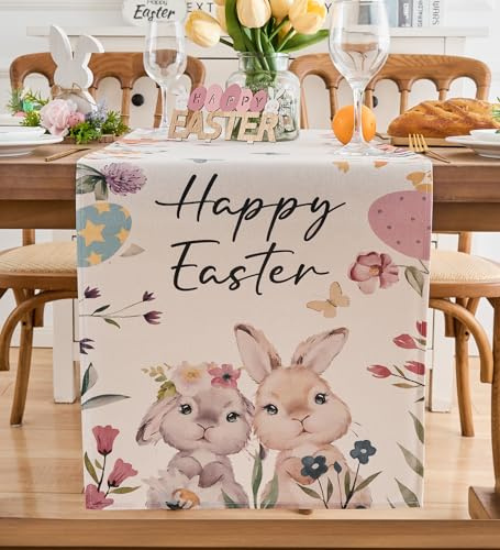 Vorysum Conigli Runner da Tavola Easter Happy Fiori Primavera Runner per il Tavolo Addobbi Pasquali per la Casa Tovaglia Pasquale Stagionale Cucina Tavolo da pranzo Vacanze Feste 40 x 140 cm