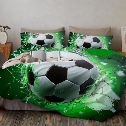 Funda Nórdica para, Set de 3 Piezas,Futbol Verde Juego de Ropa de Cama, 1 Funda Nórdica Cama 90 + 2 Fundas de Almohada 50x75 cm,Tema Deportivo