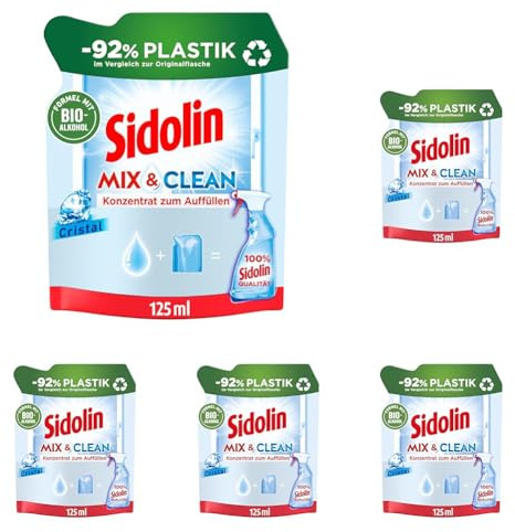 Sidolin Mix & Clean Konzentrat zum Auffüllen Cristal (125 ml), All in 1 Glasreiniger für Sauberkeit, Glanz & Schutz, Fensterreiniger mit Bio-Alkohol, -92% Plastik im Vergleich zur Originalflasche