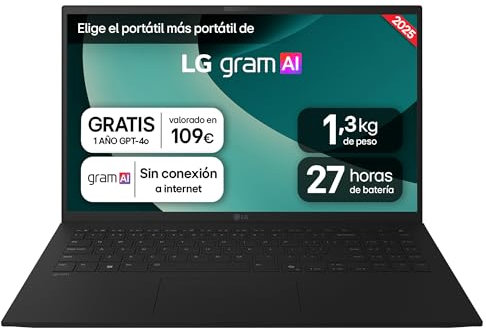 LG gram 15ZD80T-G.AX75B Portátil 15, FreeOS, AMD Ryzen AI 7, 16 GB RAM, 512GB SSD, AMD Radeon Graphics 840M, Pantalla IPS (1920x1080), Ligero, 1.290 g, 27 Horas, AI, Negro