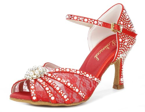 Y205-35 Dam Latin dansskor med kristall och spets högklackade skor justerbar ankelrem elegant och bekväm design Färg Röd,Size 41 EU