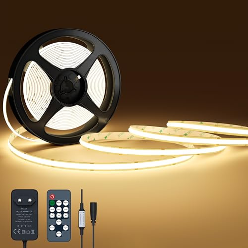 NELUX Tira LED COB Interior Blanco Cálido 5m, Luces LED Cocina Blanca Decoración Habitación, LED Strip Light 24V, Regulable, Adhesiva, 480LED/m, 2700K. Incluye Mando a Distancia y Adaptador.