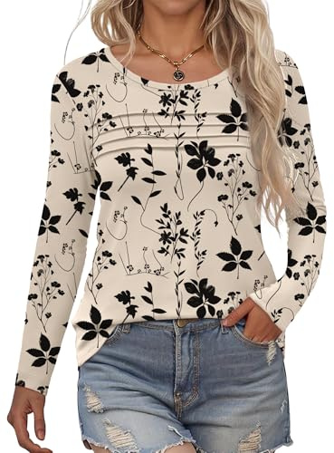 Rapbin Long Sleeve Tops Women Crew Neck T-Shirt Pleated Floral Printed Tunic Blouse Casual Dressy Spring 2026 Fashion Trendy Shirts(Maple Leaf Black Flower,L)