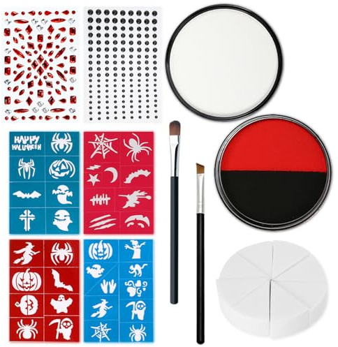 XINDY Halloween Face Paint, Red, Black, White Face Paint Halloween Makeup Kit with Stencils, Face Jewels, Brushes, Sponges, Day of The Dead Skull Clown Witch Goth Vampire Make Up FX Paints