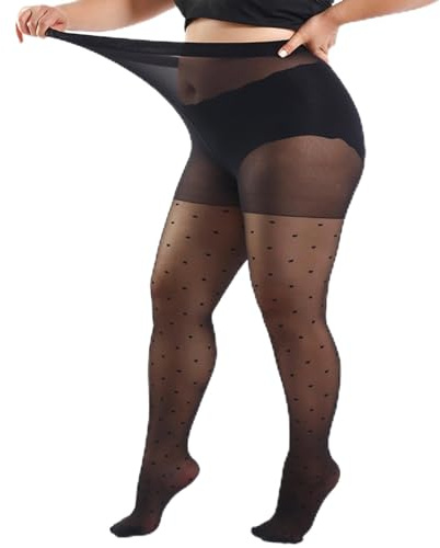 Kaempe Patterned Tights For Women Plus Size, High Waist Sheer Plus Size Tights With Polka Dot, Black Patterned Tights, Thin Women's Pantyhose (XXL)