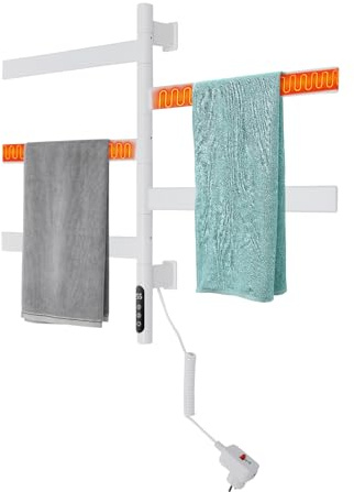 Radiateur sèche-serviettes électrique, rotatif à 180°, blanc, 5 barres, thermostat 30-70 °C, capacité de charge 10 kg, pour serviettes de bain, sèche-linge