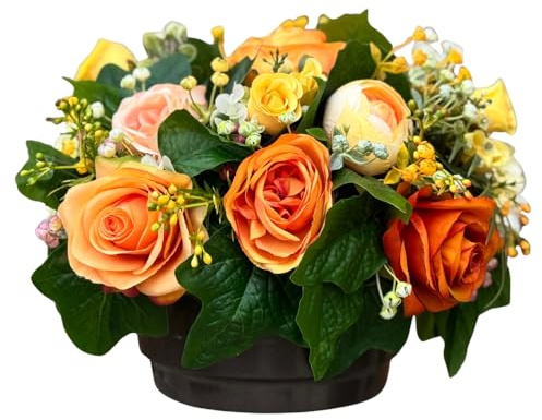 Grabgesteck Kunstblumen mit künstlichen Rosen in Apricot Herbstorange | 30x20cm groß | runder Topf mit Betonboden stabil | täuschend echt handmade | Friedhof o. Hausdekoration - Innen & Außenbereich