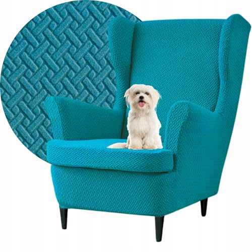 Domidekor Ohrensessel Überzug – Sesselschoner – Sesselbezug Stretch Türkis - Strandmon Sessel Bezug – Sesselhusse Elastisch Jacquard Fischgrät Schmutzabweisend - Oeko-Tex 100
