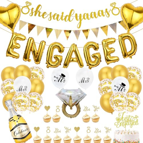 Engagement Party Decorations Gold Balloons - 46 Pcs Engaged Decoration Set Including ENGAGED Balloons, She Said Yaaas Banner, Diamond Ring Foil Balloon for Proposal Wedding Bridal Shower Party