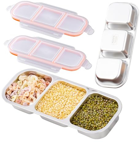 Zyiphor 2 Piezas de Fiambrera,Caja de Alimentos, con 3 Compartimentos de Acero Inoxidable, Recipiente Hermético a Prueba de Derrames con Tapa de 600 ml, 26,2 × 10,3 × 4 cm, Ideal para Snacks, Salsas