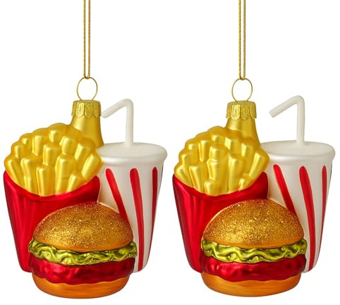 Weihnachtskugel aus Glas- Fast Food 2er Set – Burger, Pommes - Soft Drink – Lustiger Christbaumschmuck – Ausgefallene Baumkugel Figuren Deko
