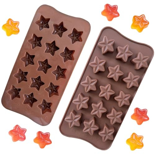 2 Pack 15-Cavity Star Silicone Chocolate Moulds Non-Stick Candy Jelly | Food-grade BPA-free silicone, flexible non-stick surface, oven & dishwasher safe, ideal for baking, candy making and crafts