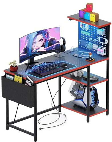 Xyphren Mesa de Juegos de con Pared Perforada, Enchufe, pequeño Escritorio para Ordenador con estantes Reversibles para Escritorio de Esquina en casa, 100 * 50cm, Negro