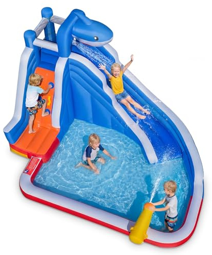 COSTWAY Inflatable Water Slide, Kids Bounce House with Climbing Wall, Splash Pool & Water Cannon, Outdoor Summer Blow Up Activity Center for Kids (Shark)
