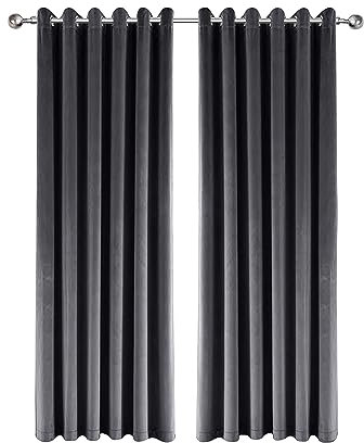 Imperial Rooms Crushed Velvet Curtains for Bedroom 66x90 Inch Charcoal Eyelet Blackout Curtains Privacy Protection Ring Top Thermal Insulated Curtain 2 Panel with Matching Tiebacks