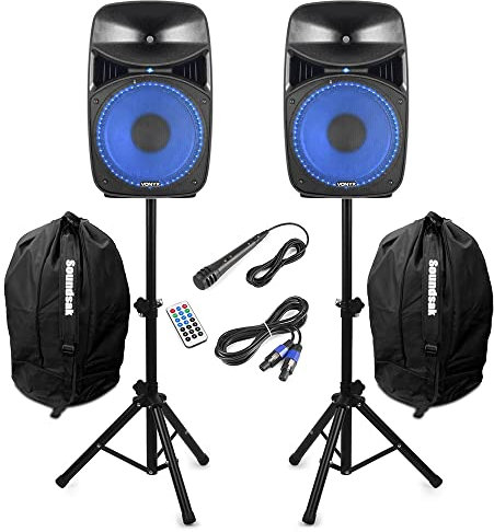 Vonyx VPS152A 15 Bluetooth Active Party Speaker System with LED Light Show, Speaker Stands, Wired Microphone & Protective Carry Bags for Home Parties, Gatherings & Events
