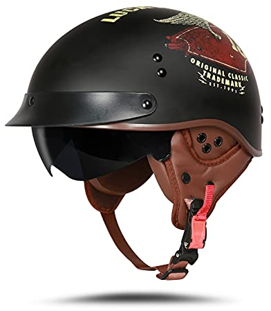 LIONCIANO Motorradhelm Mit Schutzbrille DOT/ECE-Zugelassen, Jethelm Roller-Helm Scooter-Helm Moped Mofa-Helm Chopper Vintage(Mattschwarz Lucky, L 59-60cm)