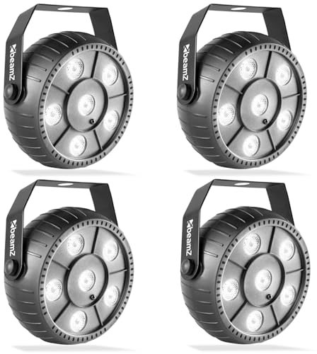 BeamZ PLP12-4 unidades Foco PAR LED con función estroboscópica, 6 LED blancos de 1w estroboscopio recargable, luz de discoteca, luz de fiesta, automático de sonido, incluye mando a distancia