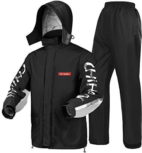 iCreek Motorcycle Rain Suit for Men and Women Waterproof Rain Gear Resistant Raincoat Outdoor Fashion with Hood (Black and Grey, S)