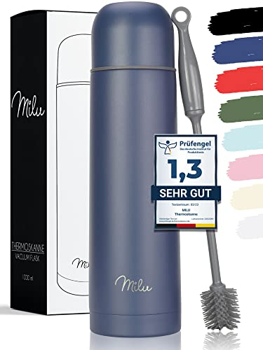 Milu Thermosflasche Thermoskanne Isolierflasche 1L, 750ml, 500ml - Isolierte Edelstahl Trinkflasche, 100% Auslaufsicher, Doppelwandisolierung (Navyblau, 500ml)