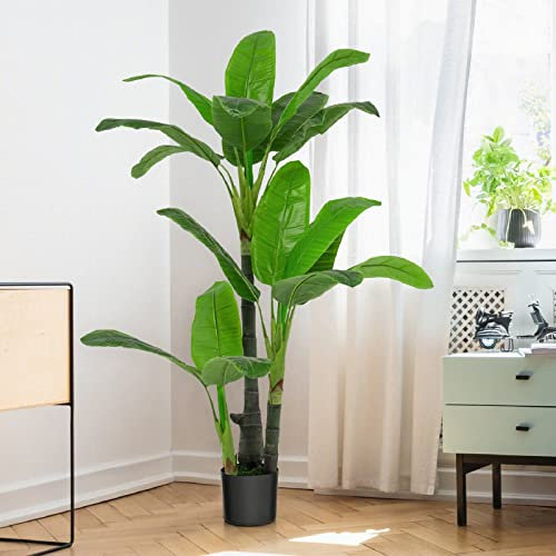 TANGZON 150CM/160CM Artificial Banana Tree, 1/2 Pack Faux Bird of Paradise Palm Tree in Pot with 18 Leaves, Indoor Outdoor Evergreen Potted Fake Plants for Home Office Decoration (1, 150cm)