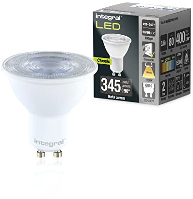 Integral Ampoule LED GU10 5 PACK Chaud 2700K, 400LM, 3,6W (équivalent à 50W) dimmable - Efficace en énergie et idéale pour les spots et projecteurs dans les salles de bains, cuisines, salons