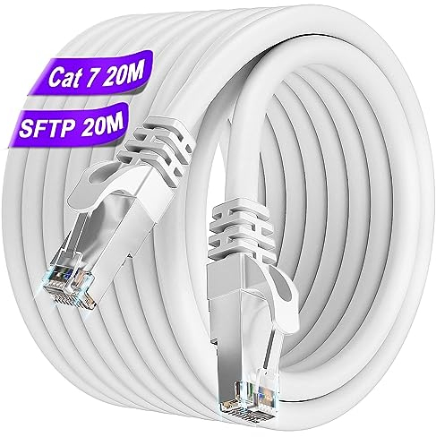 Soibke Cable Ethernet 20m, Câble RJ45 Cat 7 Blindé Haute Vitesse 10Gbit/s 600MHz S/FTP Cable Reseau Blanc Gigabit Extérieur Imperméable Câble LAN Cables Internet pour Routeur Switch Modem