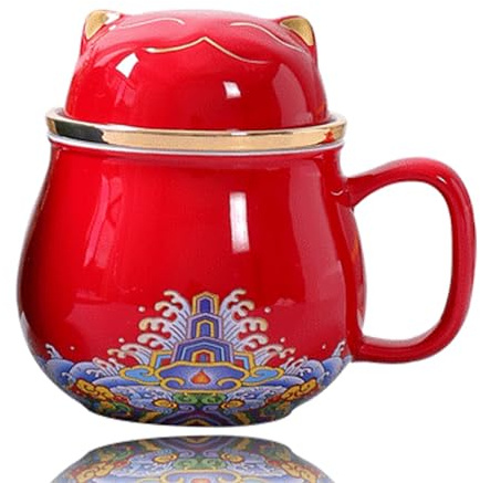 DEARART Derart belle tasse à thé et couvercle filtrant 300ml porcelaine large bouche, facile à nettoyer, garder le thé chaud, café, lait, chat mignon, rouge