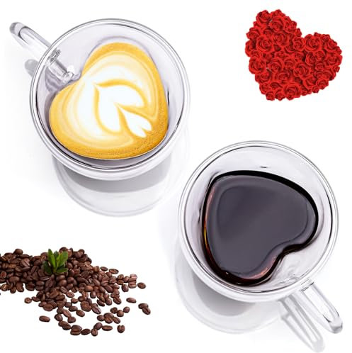 Umllpet Doppelwandige Kaffeegläser,2 Stück Kaffeegläser Set, Herzförmig Kaffee Gläser Doppelwandig, Kaffeegläser Thermogläser Doppelglas Gläser Tassen mit Griff Hitzebeständige Gläser für Tee Eis