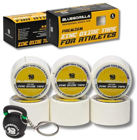 BLUEGORILLA Esparadrapo Deportivo - Tape Oxido de Zinc -Cinta Deportiva - Pack 6 x 3,8cm. x 10mtr. | Hipoalergénica, Resistente al Sudor, No elástica | Ideal para Fitness, Running, Futbol, Boxeo...