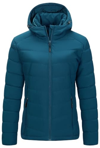 Outdoor Ventures Women's Winter Puffer Jacket Quilted Padded Coat Transitional Insulated Hooded Jackets Windproof Outerwear for Hiking Travel Skiing Dark Cyan L