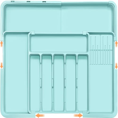 Homecor Organizador de cubiertos – Organizador de cajones de cocina grande expandible con 2 insertos de bloque de cuchillos, bandeja de cubiertos de 22 x 19 pulgadas con separadores de cajones para