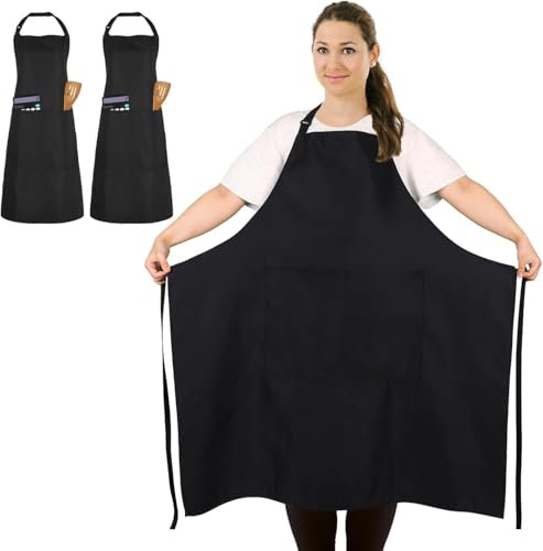 FUKPO 2 Piezas Grande Talla Delantal Cocina Mujer Hombre Negro, Delantal Barbacoa Delantales de Cocina Profesional Personalizados con 2 Bolsillo Chef Cocinero Trabajo