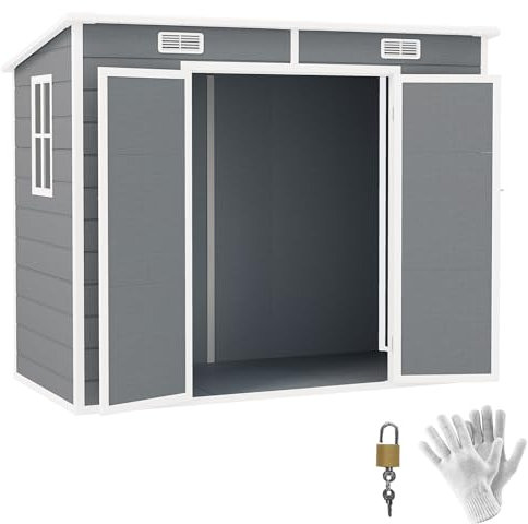 Outsunny Gerätehaus 2,54m², Wasserdicht Gartenhaus mit Boden Pultdach, 238x125x183/165 cm, Geräteschuppen mit Abschließbar Tür, Fenster Fahrradgarage Gartenschrank aus Alu, für Hinterhof, Garten, Grau