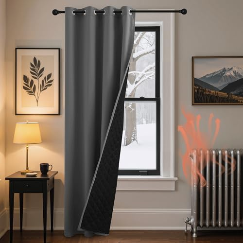 PONY DANCE Single Panel Thermal Door Curtain - Cold Insulated 100% Blackout Front Door Curtain, Windproof Thermal Insulated Thick Panel for Kitchen/Living Room/French Door, 46x84 inches, Grey