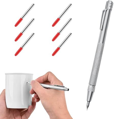 WUSJCOF Stylo à Tracer en Acier au Tungstène, Scribing Tool, 1 Stylo avec 6 Pointes de Rechange, avec Queue Magnétique, pour Tôle, Céramique, Verre (15 cm Stahlmaßstab)