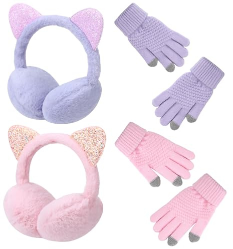 Halinuia 2 Paires de Cache-Oreilles pour Filles 2 Paires de Gants pour Filles, Cache Oreille Enfant Peluche Douce avec Paillettes, Ensemble Chaud Hiver, Accessoire Mode pour Fille 7-12