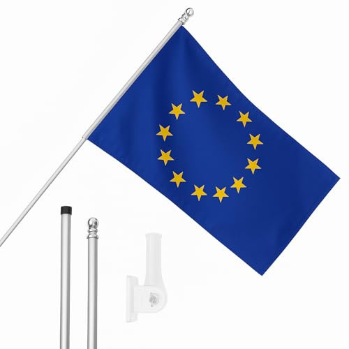 I LOVE FANCY DRESS Drapeau de l'Union européenne, mât et support mural – Drapeau de l'UE de 1,5 x 0,9 m avec œillets, mât extensible et support – Décoration intérieure et extérieure