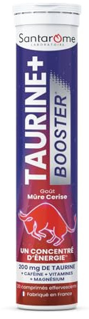 Santarome - Taurine+ Booster - Complément alimentaire énergie - Taurine, Caféine, Guarana, Magnésium - 20 comprimés effervescents - Made In France