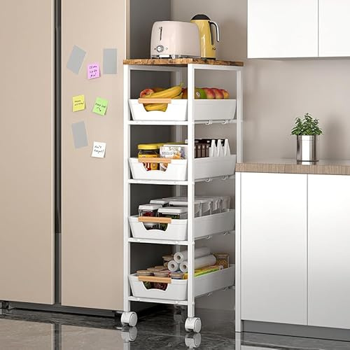 PortoAlegre Küchenwagen Schmal mit Ausziehbare Schubladen,5 Ebenen Rollwagen aus Metall mit Tischplatte, Nischenregal auf Rollen Aufbewahrungswagen für Kleine Räume,Küche,Wohnzimmer,Bad,38x23,5x81,5cm
