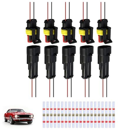 5 Pares de Conectores Macho y Hembra, Conector Eléctrico Impermeable de 2 Pines, Conectores Electricos Rapidos – con 20 Terminales de Solder Seal, Kit de Enchufes Rápidos para Automóviles, Motos