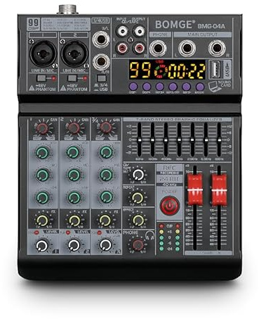 BOMGE 04 A Audio-Mixer, professionelle Soundboard-Mischkonsole mit USB/Bluetooth/Computer/4-K-Stereo-Eingang, DJ-Mixer, 48 V Phantom Digital 99 DSP-Effekt für PC-Aufnahmen