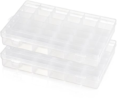 2 Pack 36 Grids Organiser Storage Box, Plastic Clear Stackable Container, Fishing Tackle Box, Craft Storage Boxes with Adjustable Dividers for Beads, Art DIY, Crafts, Jewelry, Screws, Embroidery