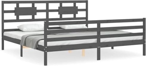 Qnhdfrt Massivholzbett 200x200 cm aus massivem Kiefernholz, Doppelbett inkl. Lattenrost, Rustikaler Bettrahmen mit Kopfteil und Fußteil, Schlafzimmer Möbel, Grau