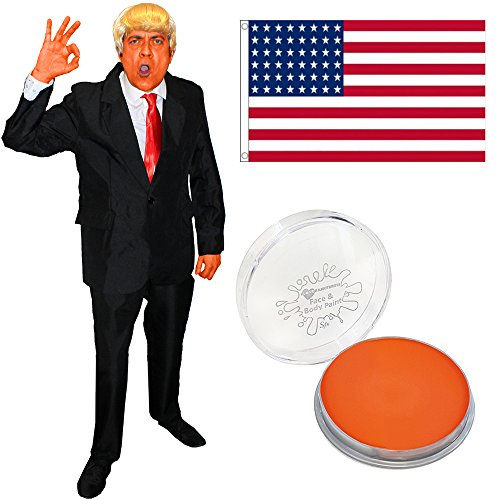I LOVE FANCY DRESS DONALD TRUMP KOSTÜM VERKLEIDUNG=BEINHALTET-AMERIKANISCHE FAHNE+ORANGES MAKE UP+EINE BLONDE PERÜCKE+ROTEN KRAWATTE+ANZUG=USA FASCHING UND KARNEVAL = ANZUG IN LARGE