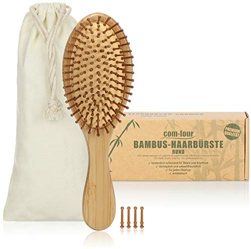 COM-FOUR® Brosse à cheveux naturelle en bambou - brosse écologique avec poils naturels pour des cheveux naturellement beaux - pour hommes, femmes, enfants (1 pièce - brosse tout usage)