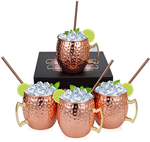 Set of 4 Copper & Stainless Steel Hammered Moscow Mule Mugs Drinking Cup with 4 Straws, Great Dining Entertaining Bar Gift Set