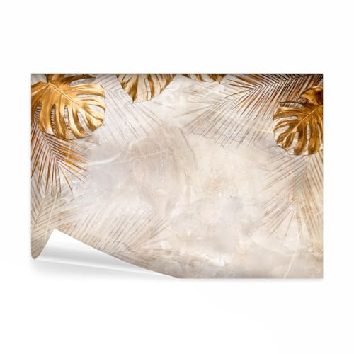 decomonkey Fototapete Pflanzen gold, 350x256 cm, XXL, Abstrakt Monstera | Steinwand, Schlafzimmer, Wohnzimmer, Design, Tapete, Fototapeten, Tapeten, Wandtapete, moderne, Wand