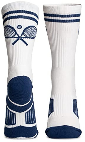 ChalkTalkSPORTS Tennis Socks - Performance Crew Socks for Tennis Players - Crossed Racquets - Navy & White - Adult