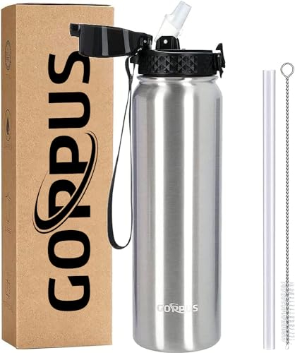 GOPPUS 1L/32oz Stainless Water Bottle with Straw Double Wall Insulated Bottles with Strap Reusable Vacuum Thermal Flask Leakproof Keep Cold Drinks Bottles with Flip Top Lid for Gym Men Women BPA Free